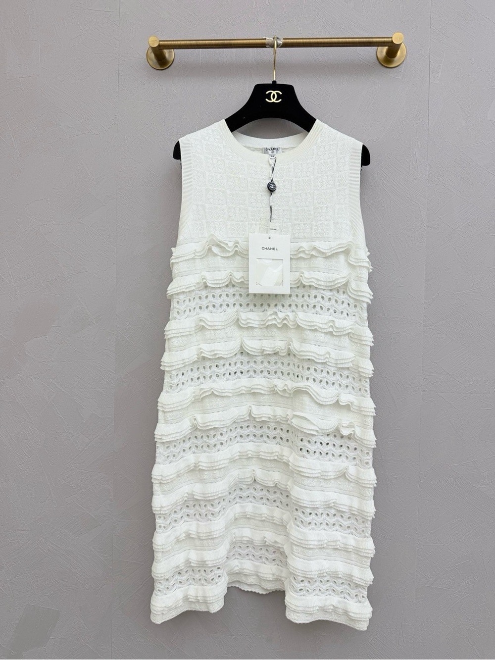 CHANEL Ivory Sleeveless Ruffle Knit Mini Dress